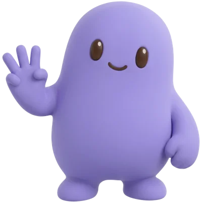 The purple mascot holds up three fingers