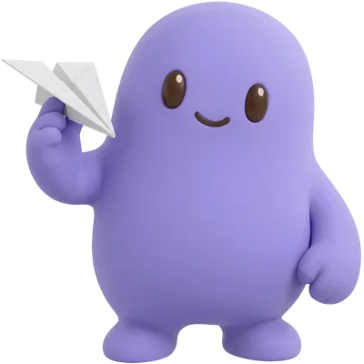 The purple mascot holds a paper airplane, ready to steer
